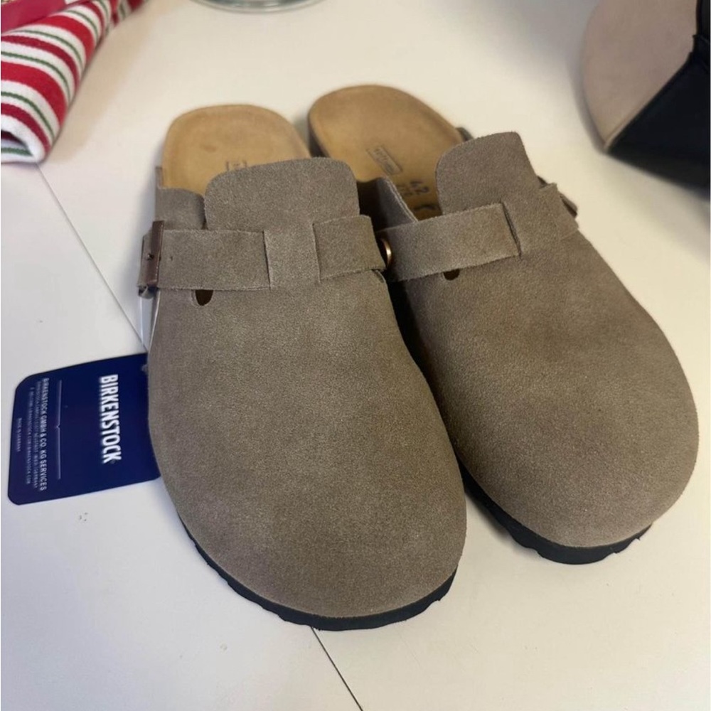 Birkenstock Boston Suede Clogs Womens Taupe Normal Soft Footbed Sandals size 42